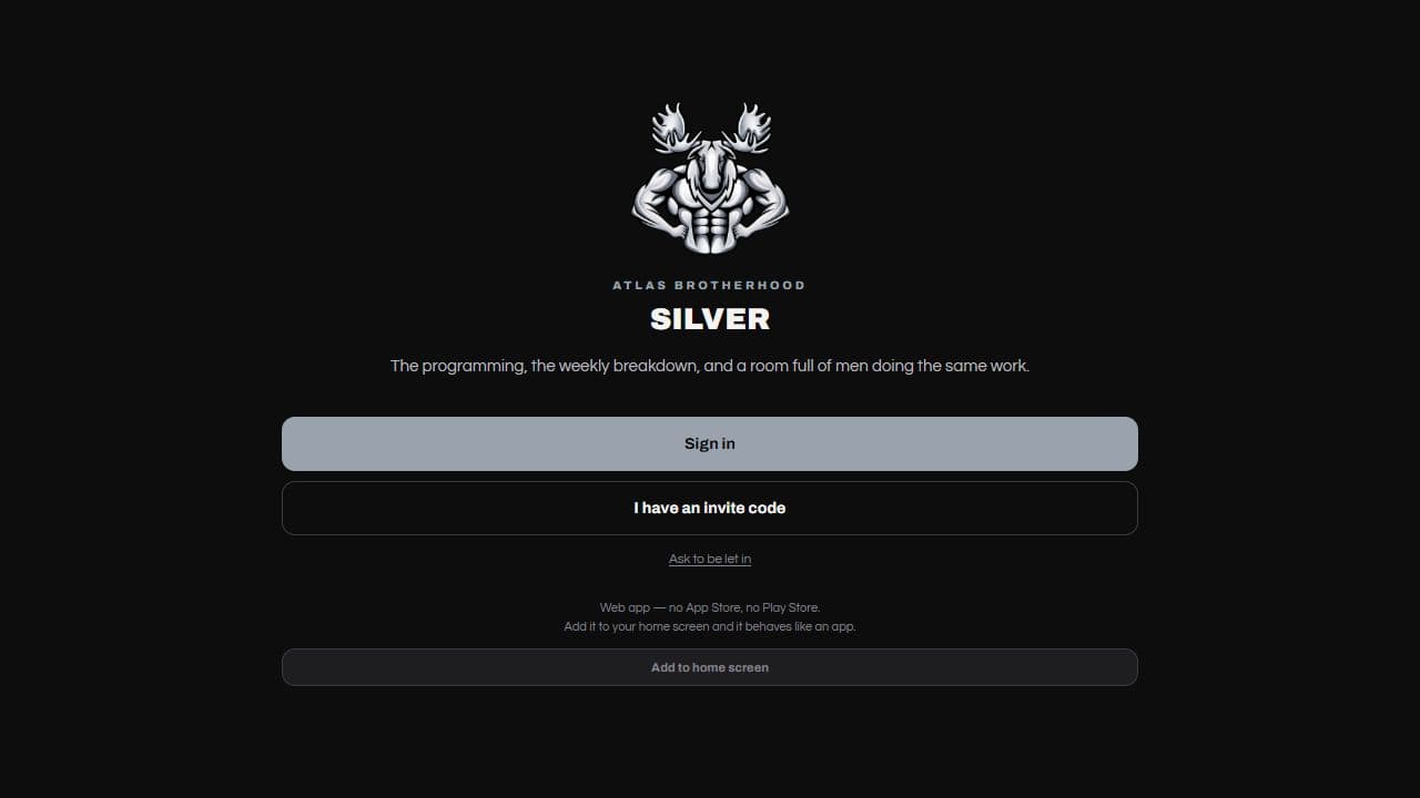 Atlas Brotherhood Silver web app sign-in screen