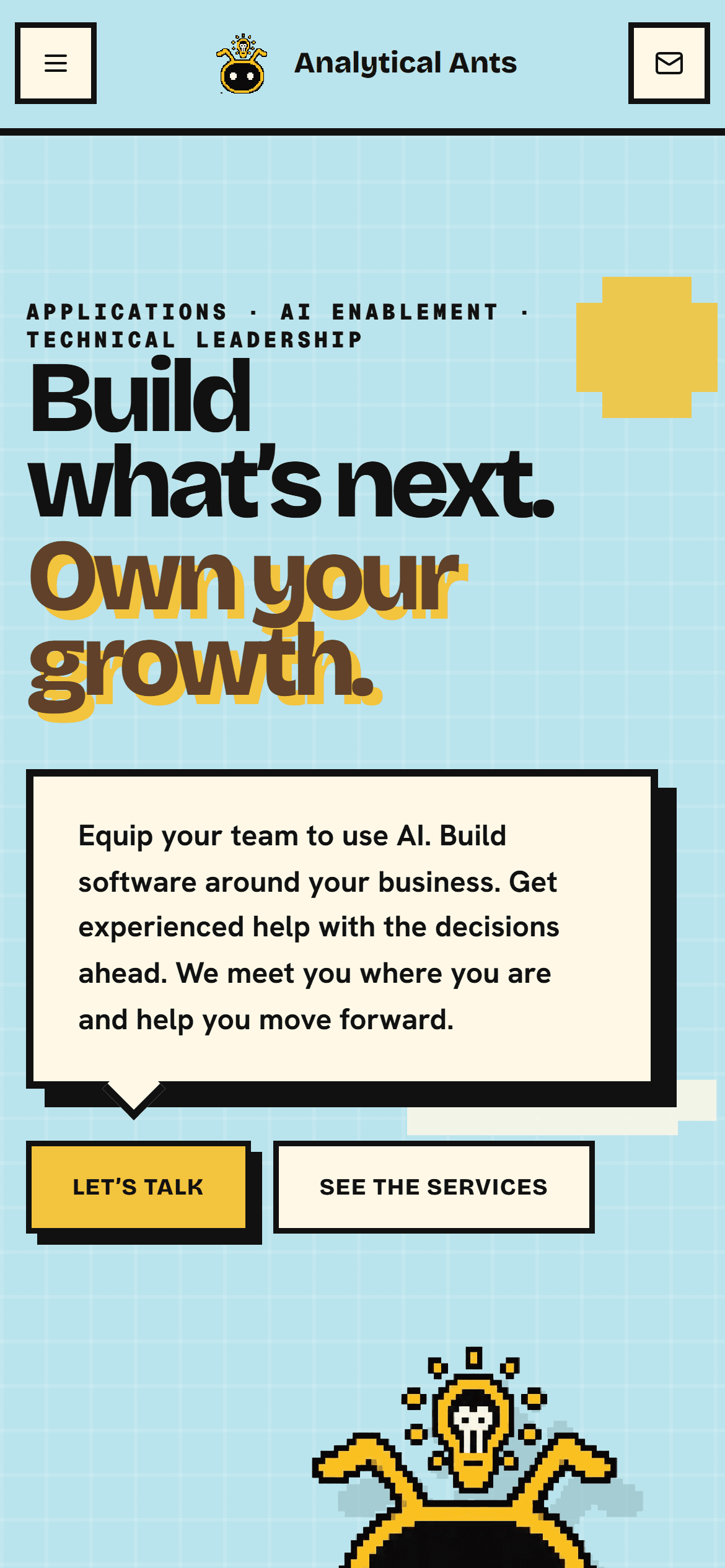 The previous homepage on a phone, with the large static ant filling the first screen above the headline