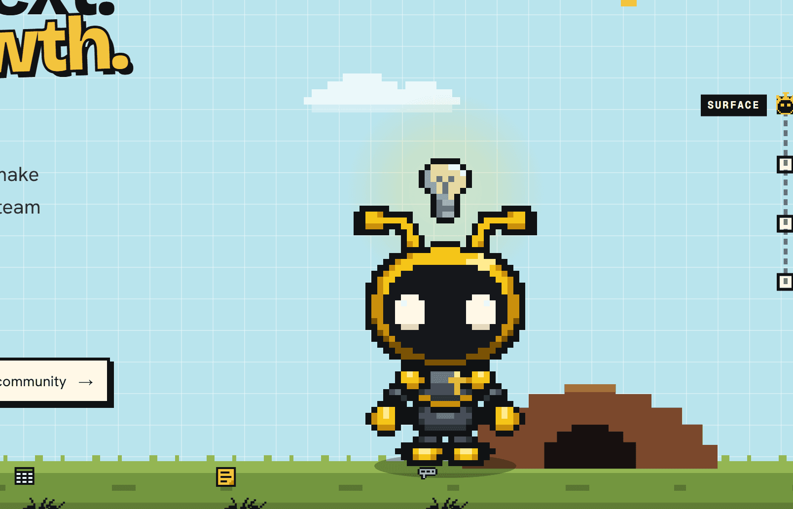 The pixel ant on the homepage turning toward a nearby mouse pointer, antennae raised and its lightbulb glowing