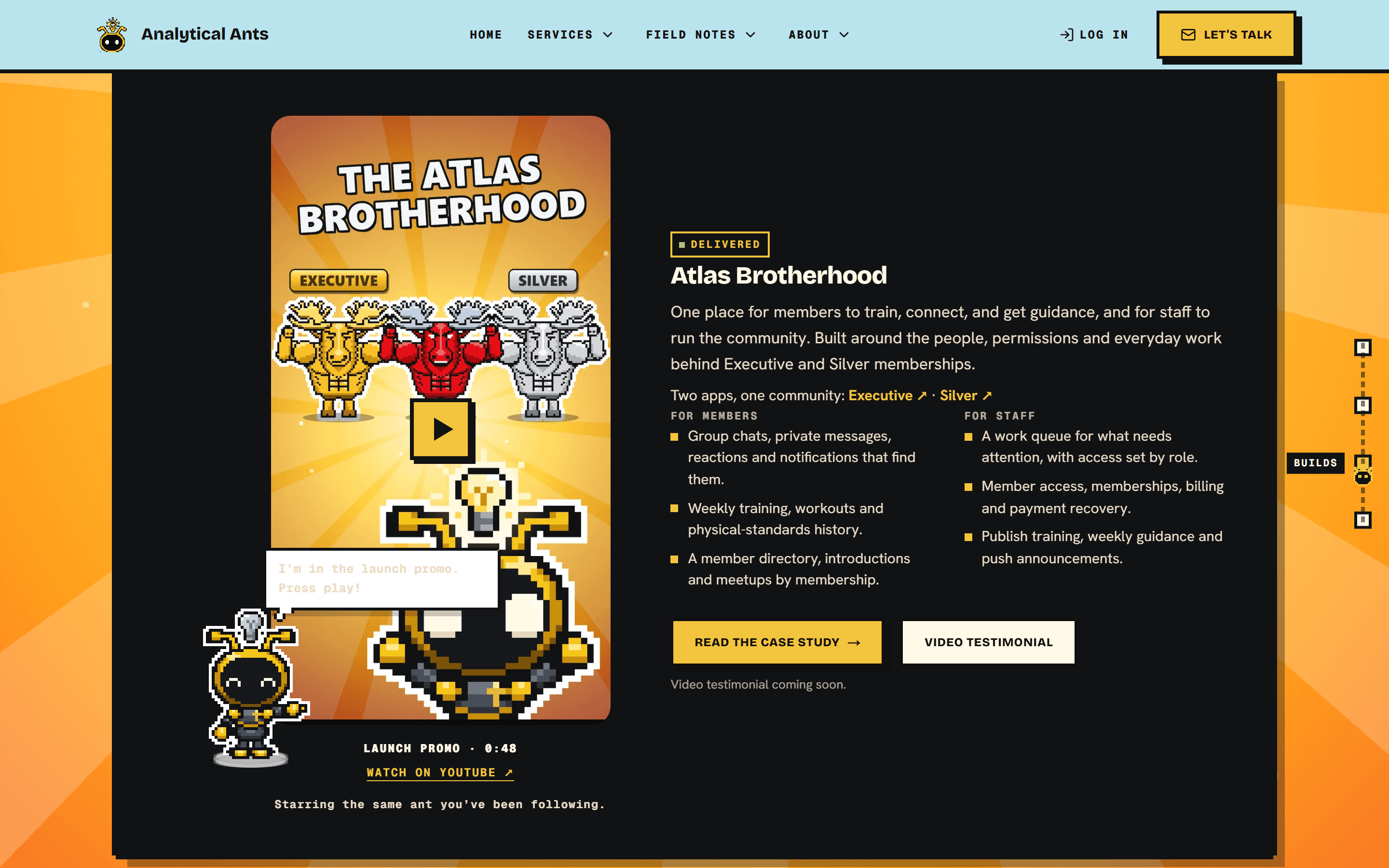 The Featured builds section on a warm rayed background with the Atlas Brotherhood launch promo and the ant pointing at it