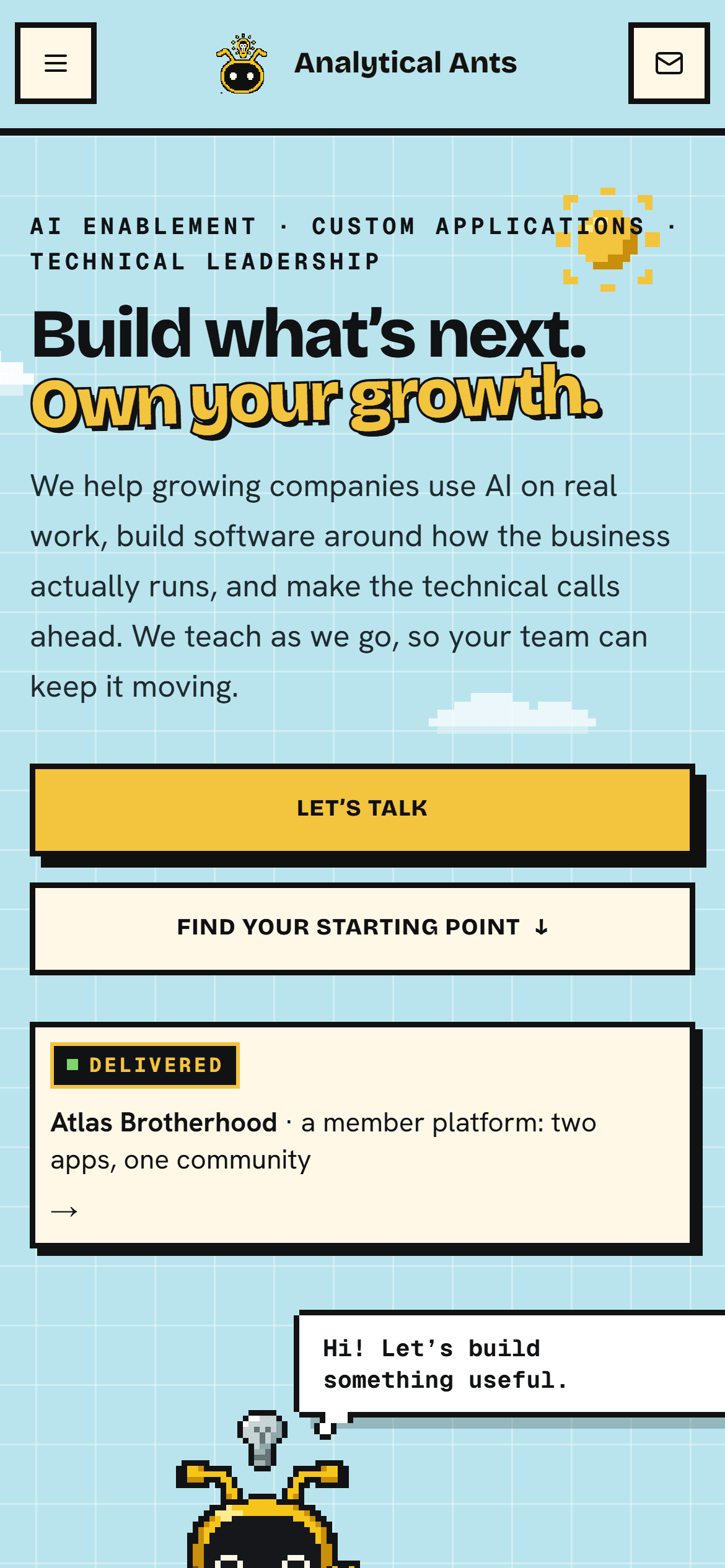 The redesigned homepage on a phone, with the headline, plain description and actions first, and the ant below