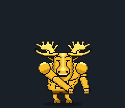 Moose, a yellow pixel-art moose mascot, doing the floss: straight arms swinging across his body and behind his hips on a three-second loop